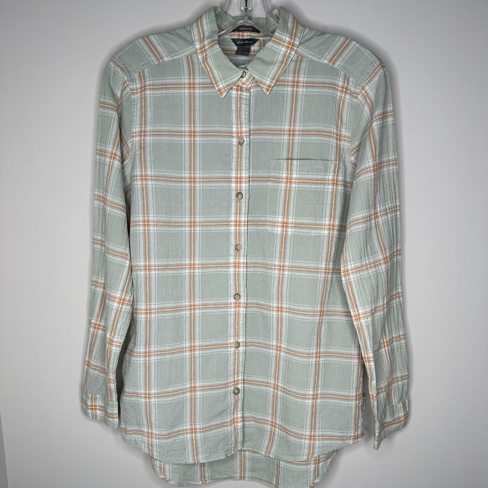 Eddie Bauer Size S Green with Peach Classic Fit Button-Up Top Blouse